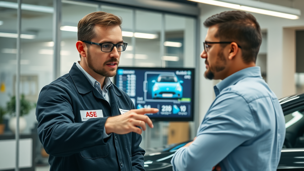 Certified ASE technician discussing diagnostics with customer in auto shop