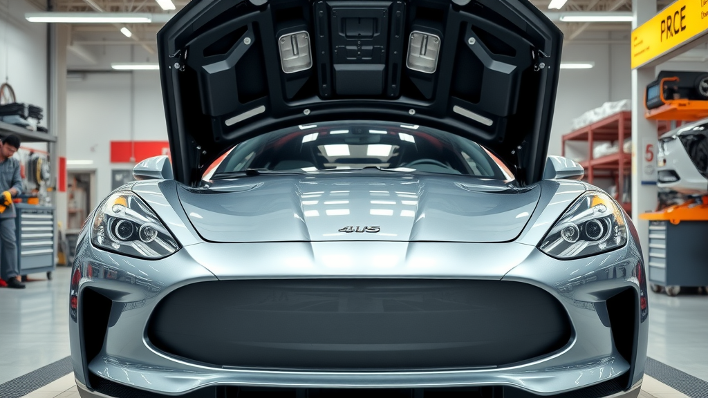 Modern car receiving total car care inspection in clean auto shop.