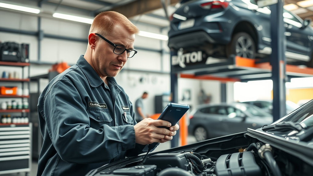 Professional mechanic diagnosing car engine in a modern repair shop