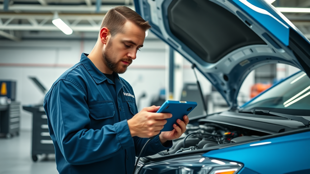 ASE certified mechanic performing hi-tech car diagnostic in clean auto shop.