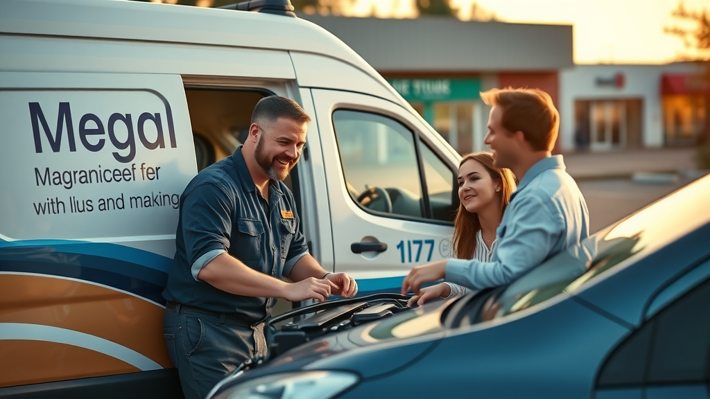 Mobile mechanic delivers emergency auto repair in parking lot setting.