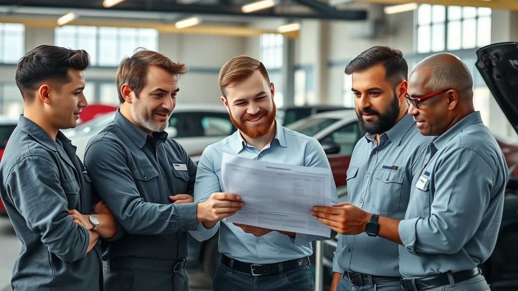Trusted ASE certified mechanics team collaborating in modern auto service shop.