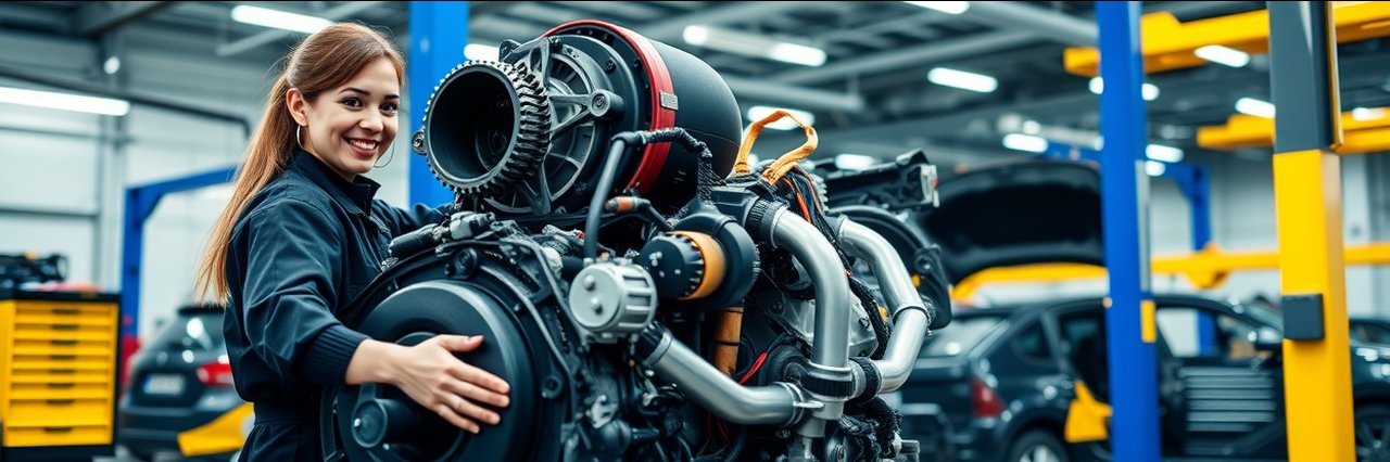 Multi-brand auto repair female mechanic working on engine in modern shop.