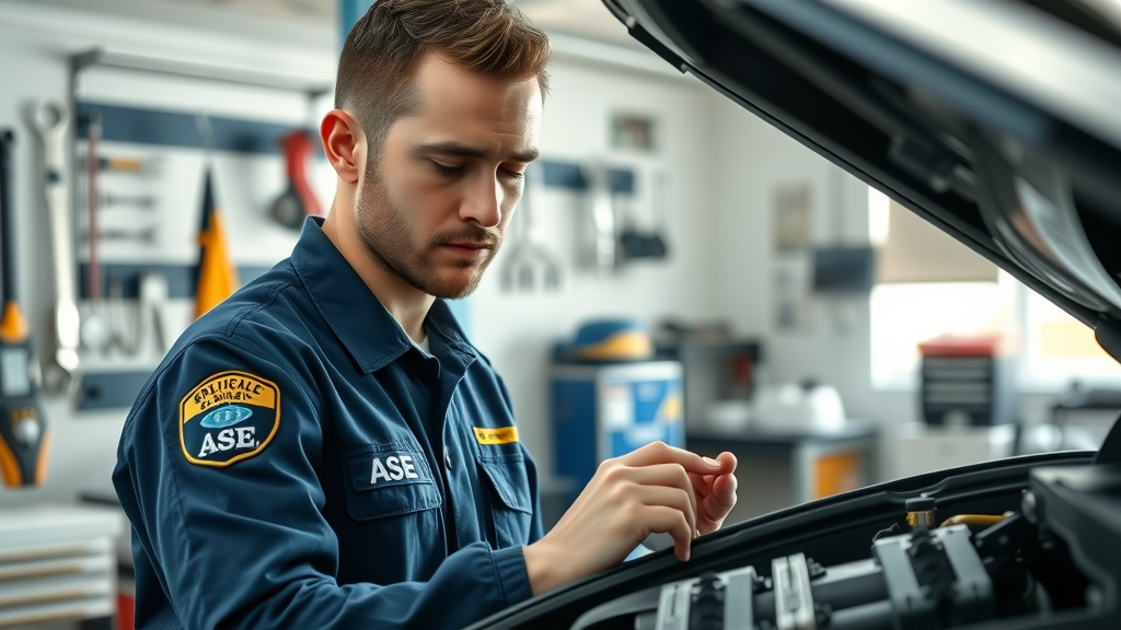 Certified ASE technician inspecting car engine in clean repair shop
