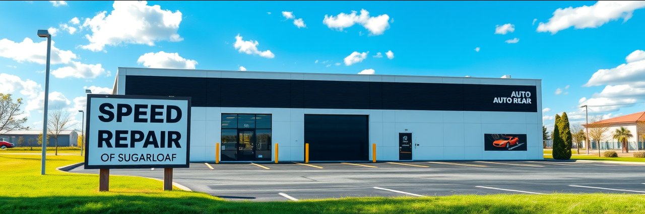 Lawrenceville auto repair shop exterior with Speed Auto Repair sign and garages