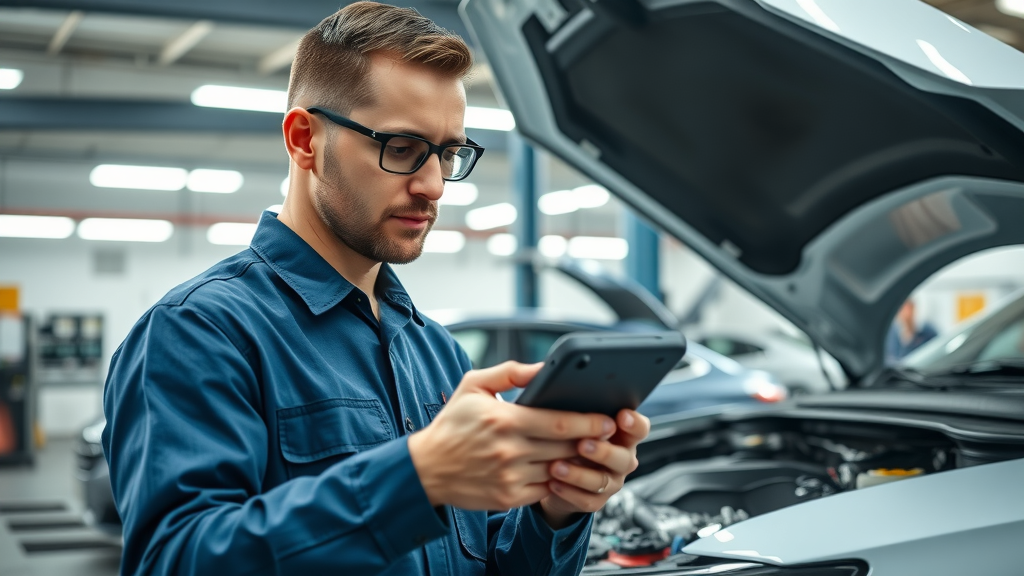 Certified auto technician using diagnostic tool on car engine in modern repair shop.