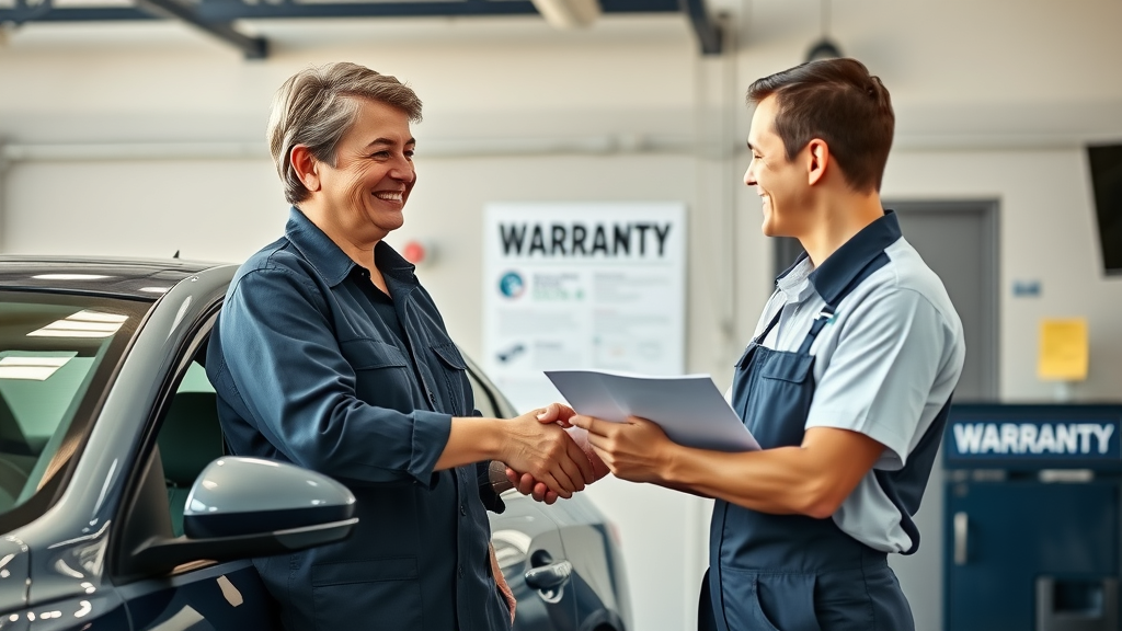 Mechanic explaining auto repair warranty to car owner in Athens repair bay