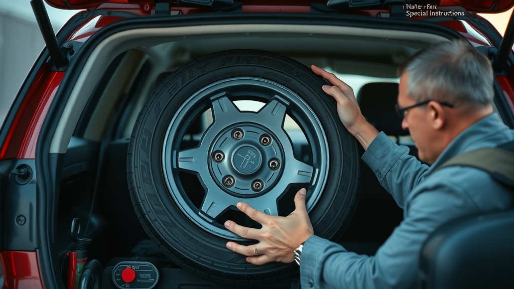 Driver inspecting spare tire for proper tire maintanence, visible emergency kit and trunk interior
