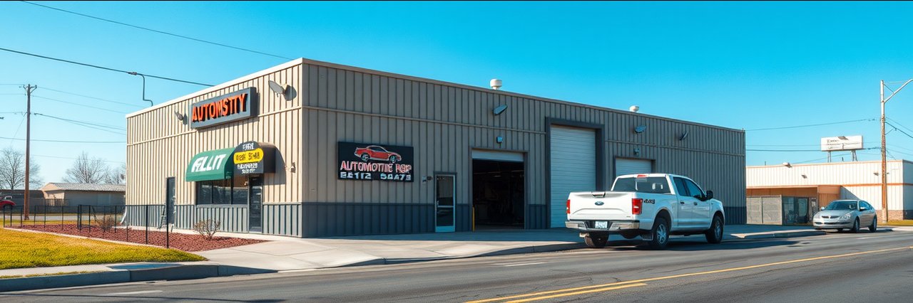 Automotive repair shop exterior with business sign, features computer diagnostics.