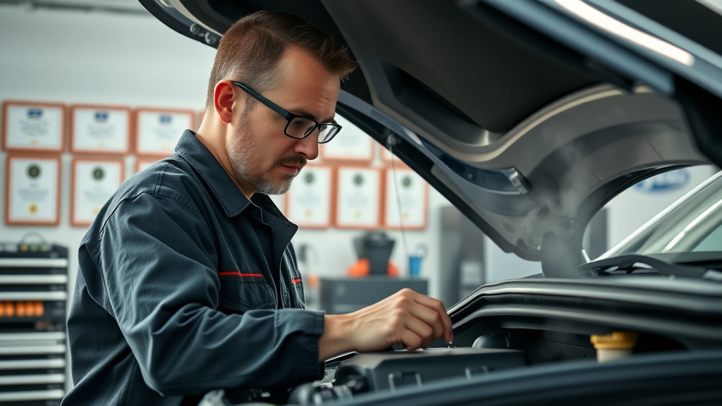 ASE-certified family-owned auto shop technician performing detailed car inspection