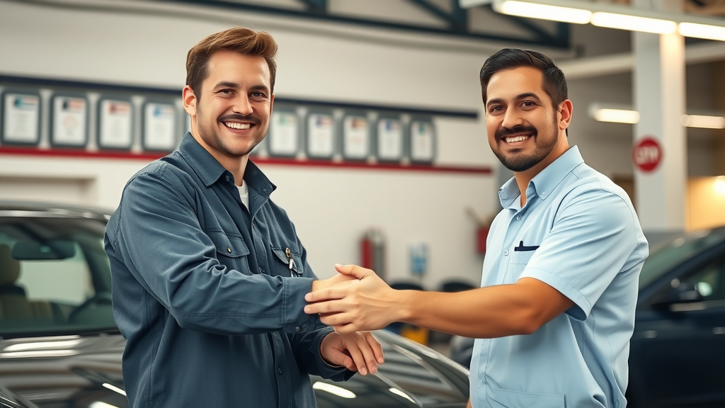 Car owner and mechanic handshake after comprehensive total car care service.