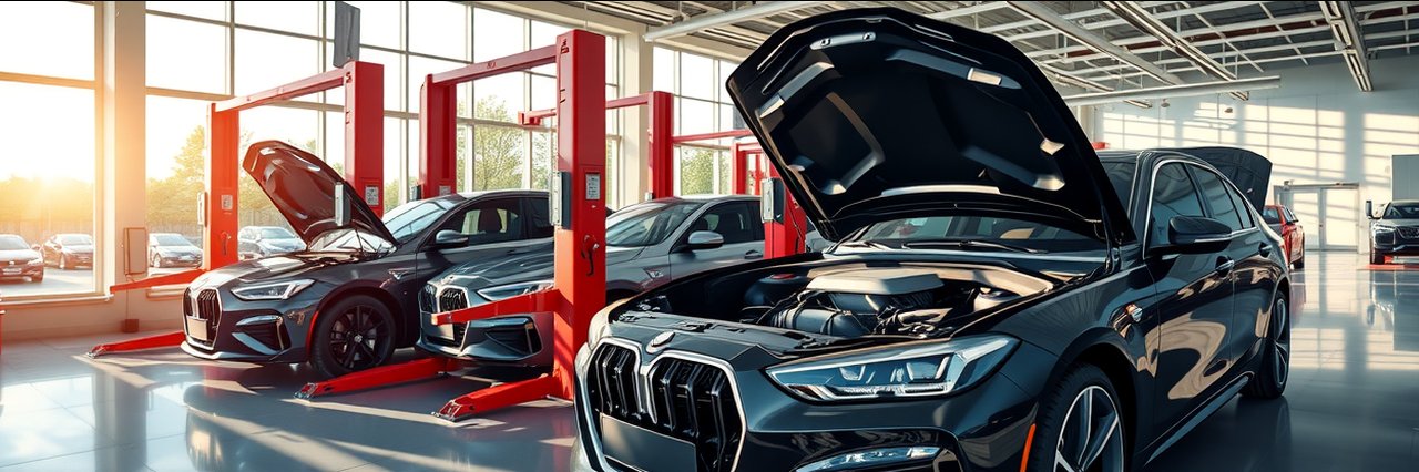 Modern auto shop with cars being serviced for engine repair under bright sunlight.