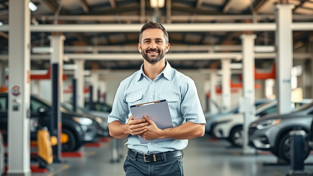 Confident mechanic outside Athens auto repair shop highlighting warranty service