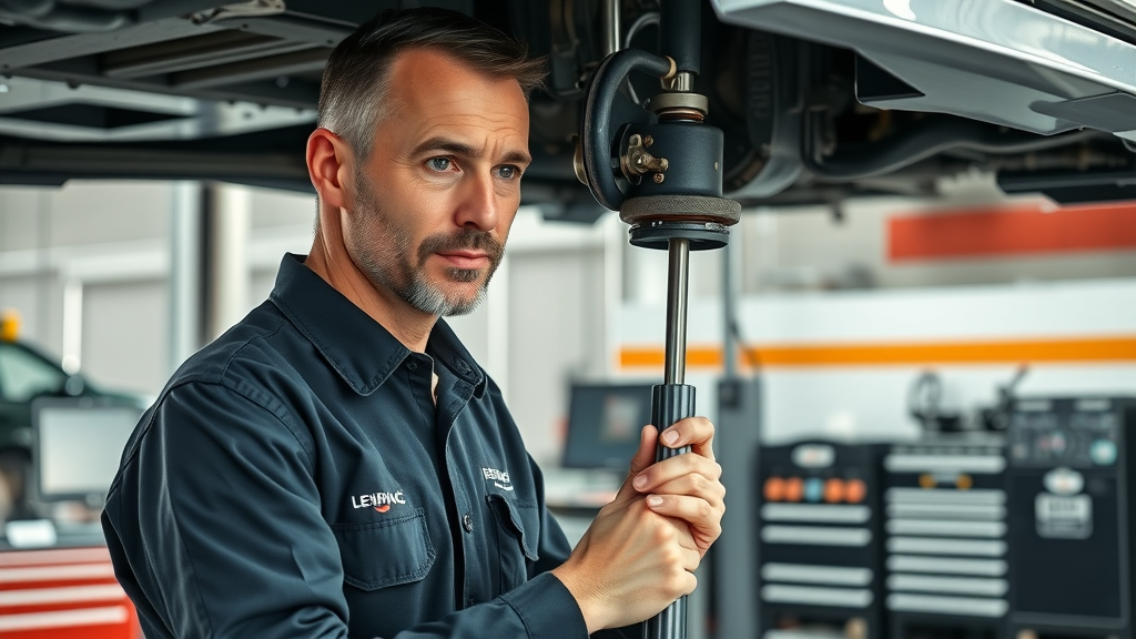 ASE-certified mechanic performing brake and suspension repair in workshop.