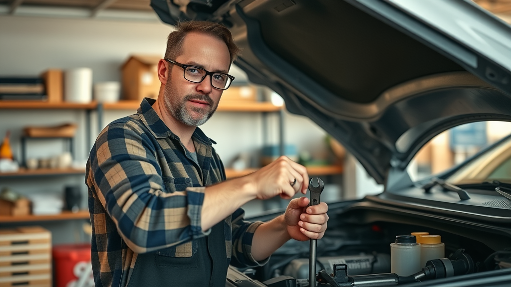 car owner performing DIY engine maintenance at home garage