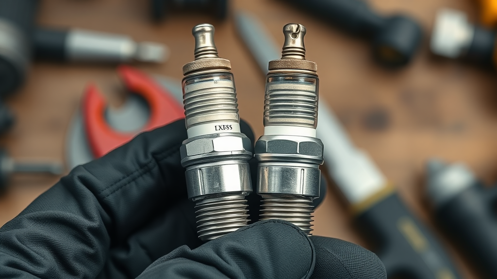 side-by-side comparison of used and new spark plugs held by mechanic