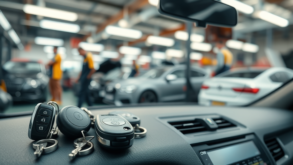 Multi-brand auto repair tools and car keys in a professional workshop
