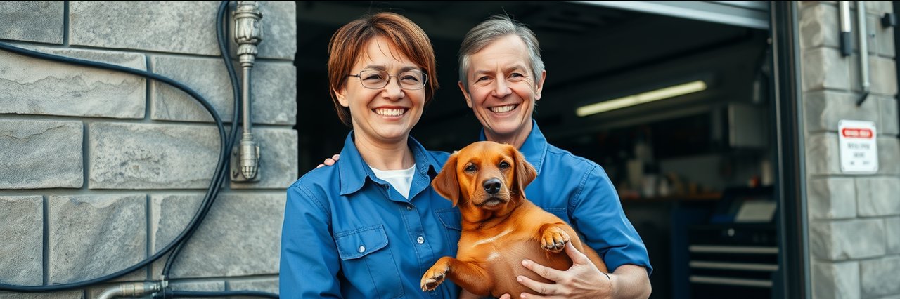 Friendly woman at columbus auto repair shop holding dog outside gray stone wall