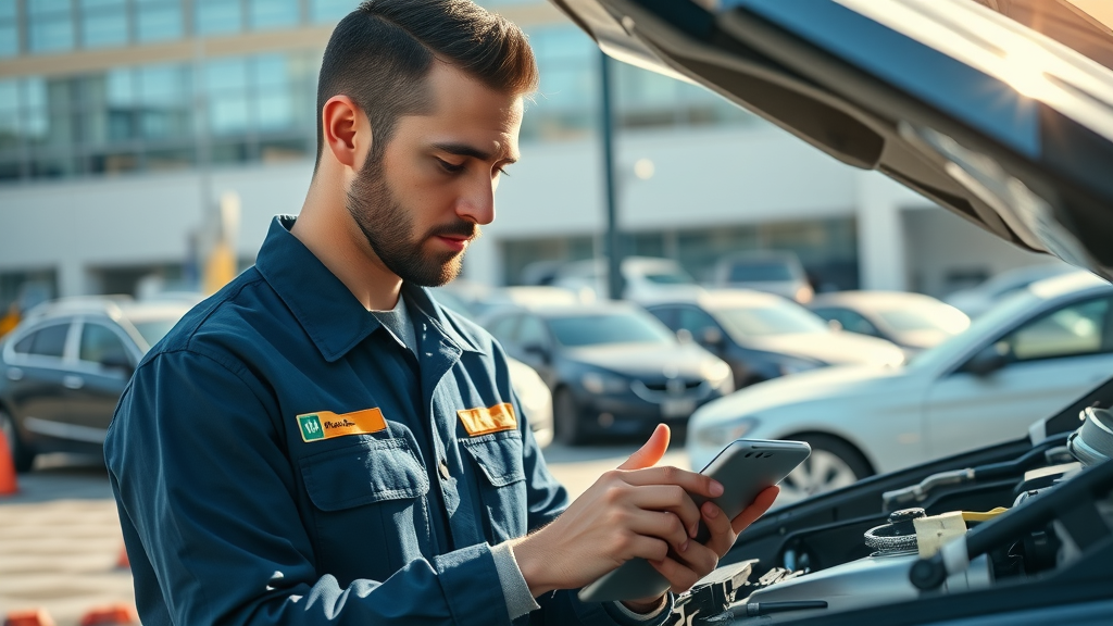 Mobile auto repair technician performing diagnostic in a workplace parking lot