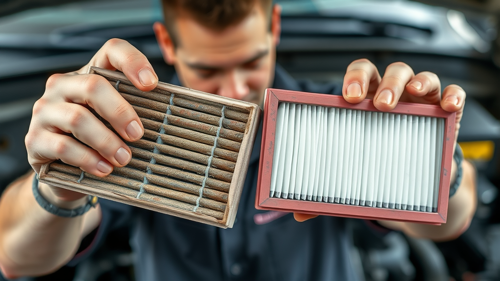 auto technician examining dirty and clean air filters side by side