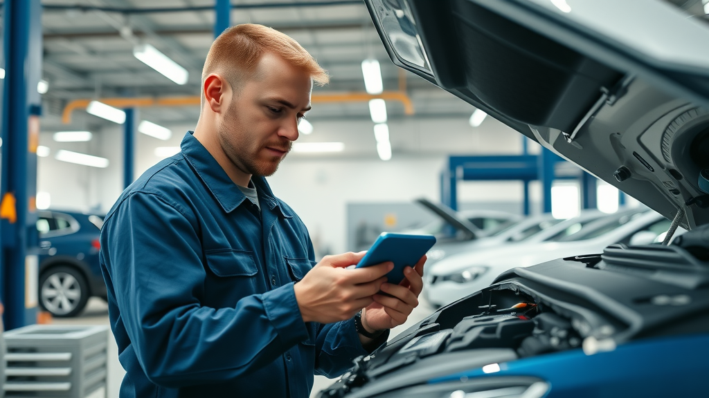 Expert mechanic diagnosing car engine in modern auto repair service shop