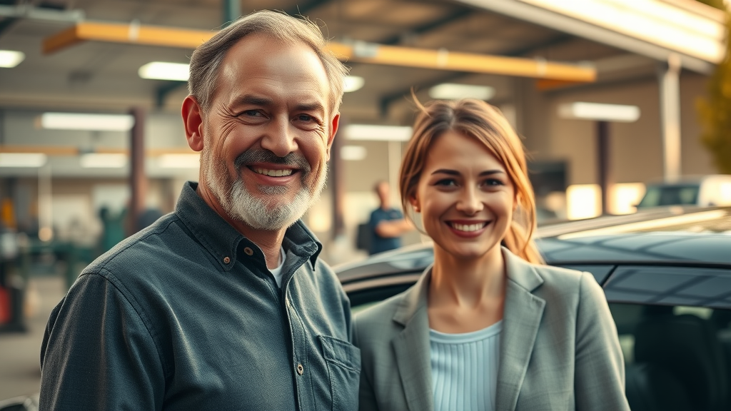 Confident car owners at an auto shop discover hidden automotive warranty coverage benefits