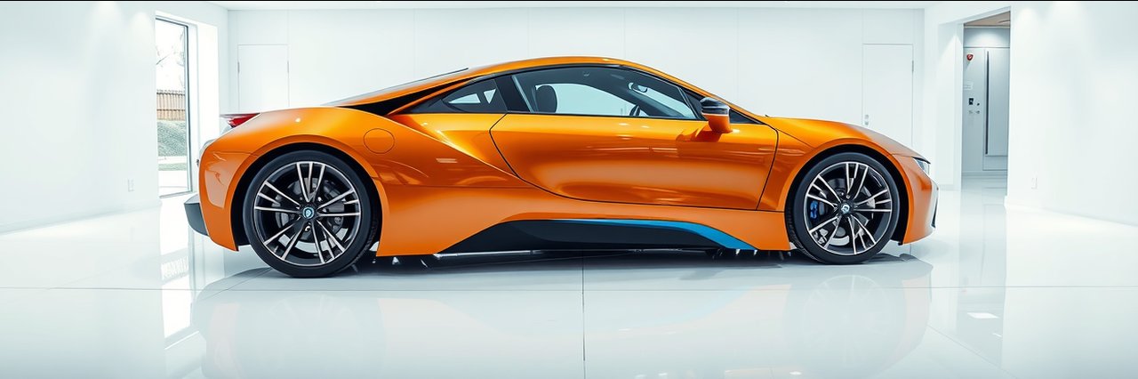 Metallic orange BMW i8 in a garage during engine diagnostic inspections
