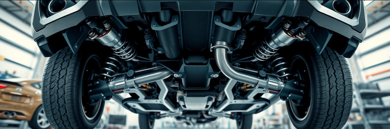 Auto undercarriage detailed view exhaust and suspension parts for website data processing