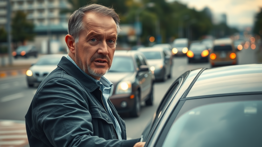 Stressed driver beside broken car seeking emergency auto repair help.
