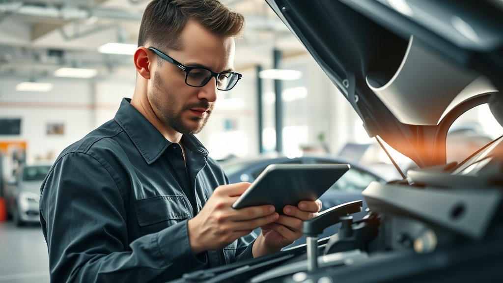 Auto technician performing computer diagnostics using advanced scanner in shop.