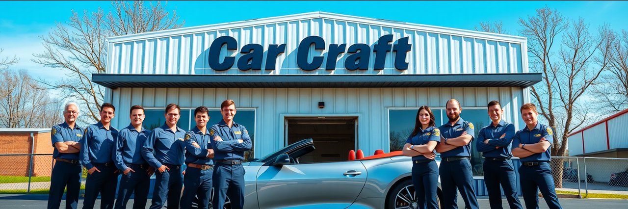 Auto shop team with convertible car outside repair shop, automotive warranty coverage