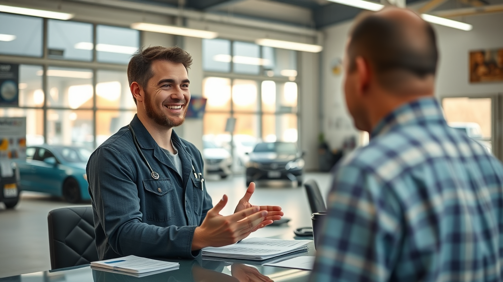 Auto repair service advisor welcoming customer at professional shop