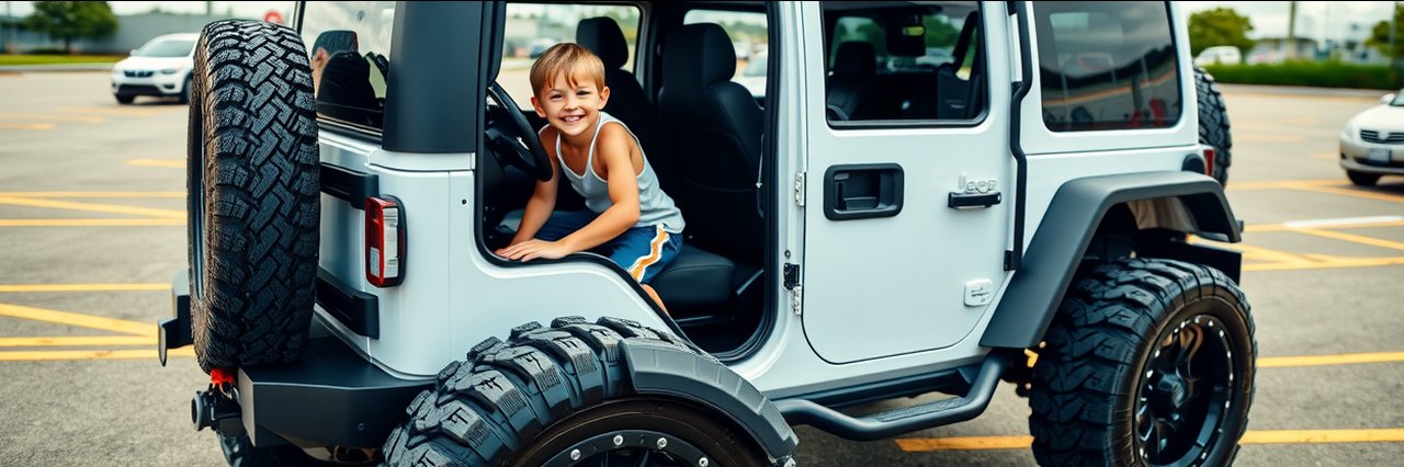 Smiling boy climbs into Jeep Wrangler, total car care parking lot scene.