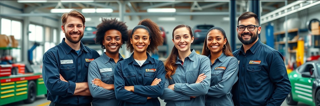 Auto repair shop team offering nationwide warranty repairs, smiling together