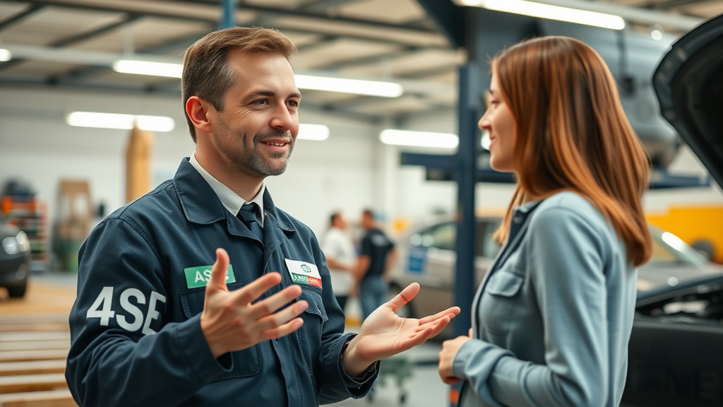 Trustworthy family-owned auto shop mechanic explaining car care to customer