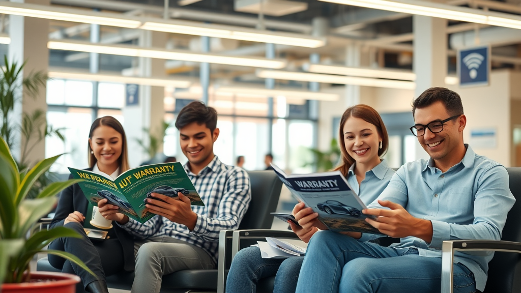 Auto repair shop lounge in Athens with guests reviewing warranty brochures