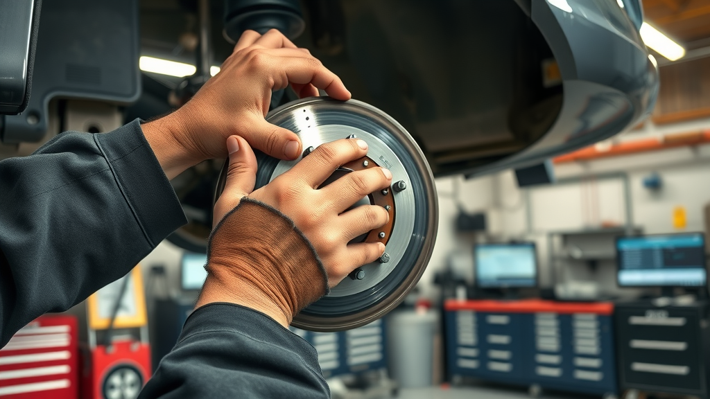 Mechanic inspecting car brakes in a clean, trustworthy brake repair shop