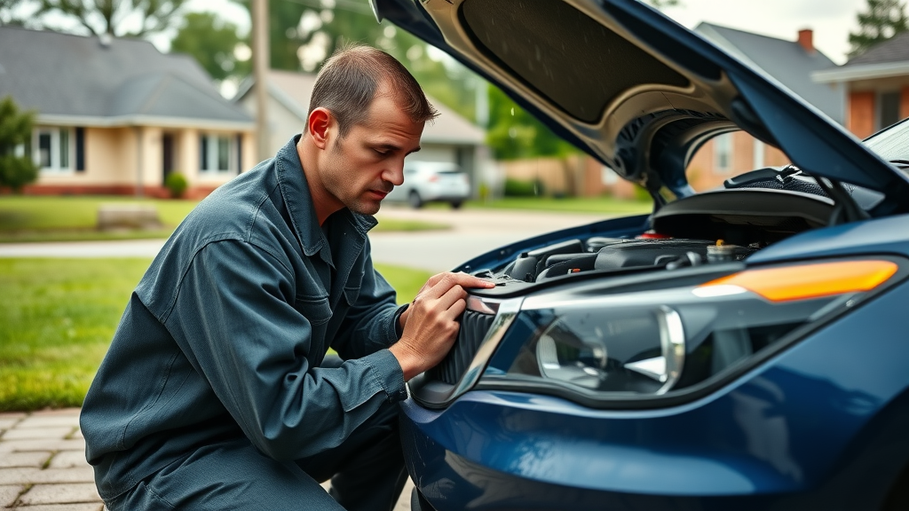 Emergency auto repair mechanic giving urgent roadside assistance.