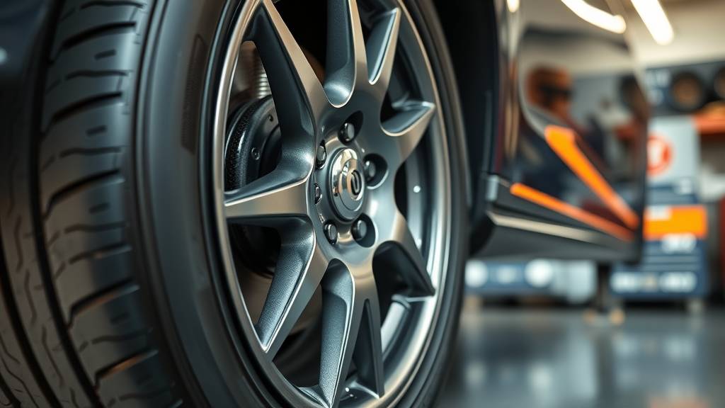 Detailed car suspension and wheel close-up for steering suspension services