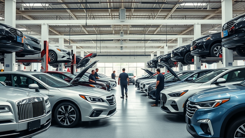 Multi-brand auto repair shop with technicians servicing diverse car makes