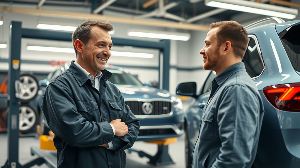 Modern brake repair shop with mechanic helping worried driver for safe repairs