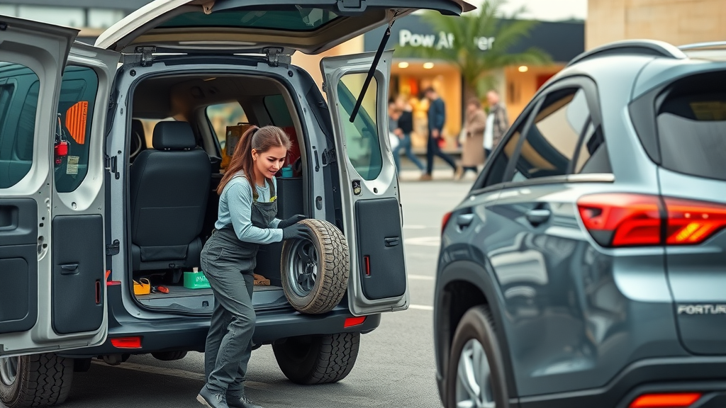 Mobile auto repair specialist replacing tire in busy shopping center lot