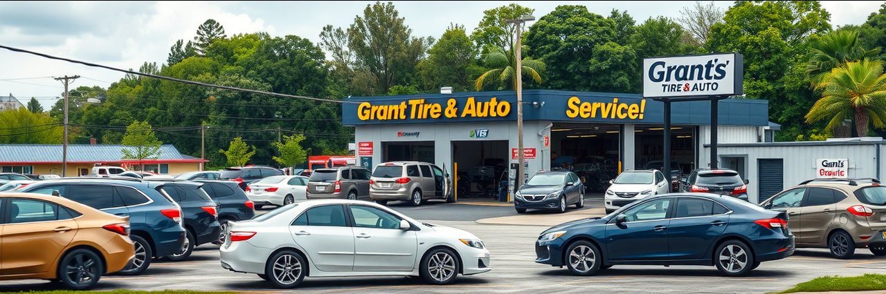 Certified ASE technicians work at busy auto repair shop with many cars outside.
