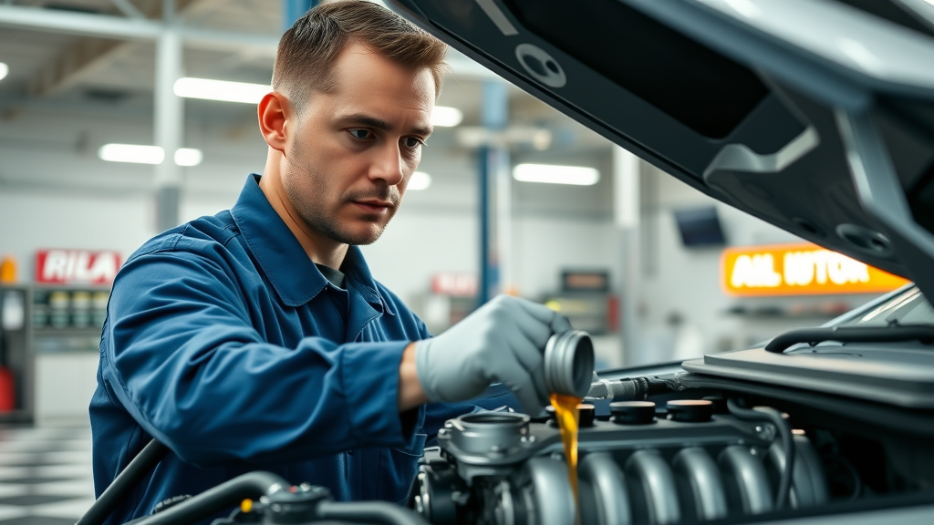 Oil change expert providing engine health service in auto shop