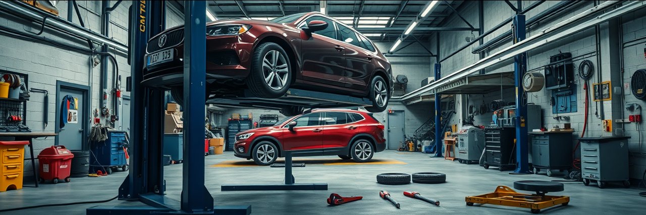 Industrial auto repair shop garage with hydraulic car lift, auto repair athens.