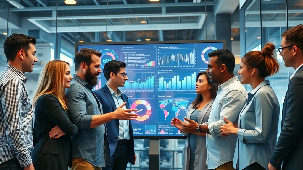 Team collaborating over interactive website data processing analytics in tech workspace