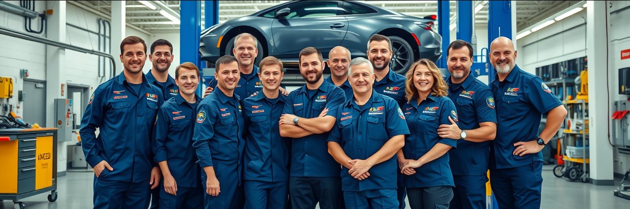 ASE certified mechanics standing in an automotive shop together smiling.