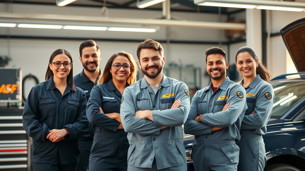 Diverse certified ASE technicians team in modern auto service bay