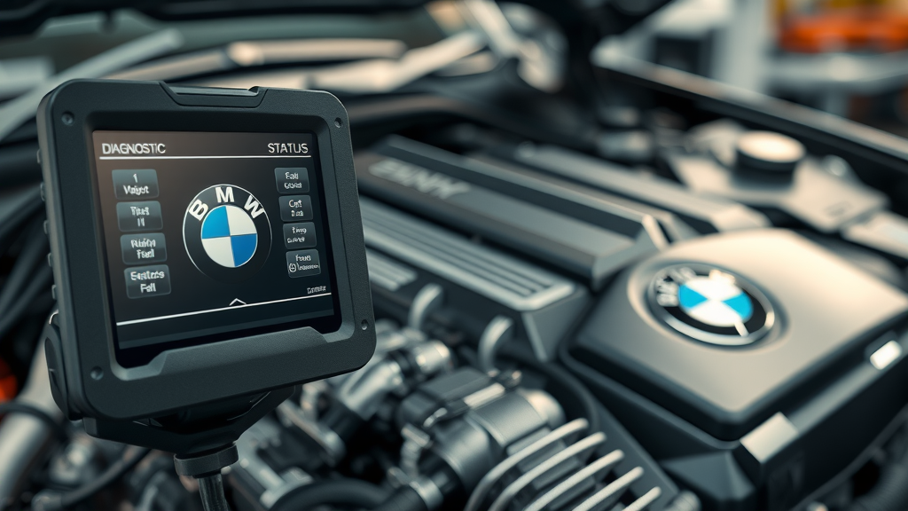 Advanced engine diagnostic inspection on BMW with high-tech scanner display