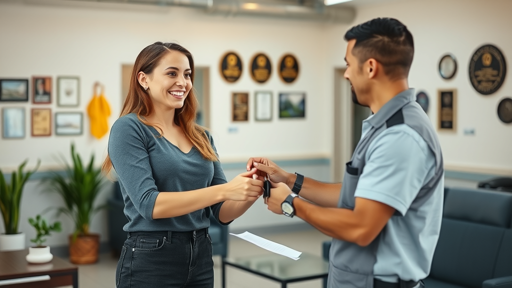 Customer happily receives car keys at trusted auto repair Athens center